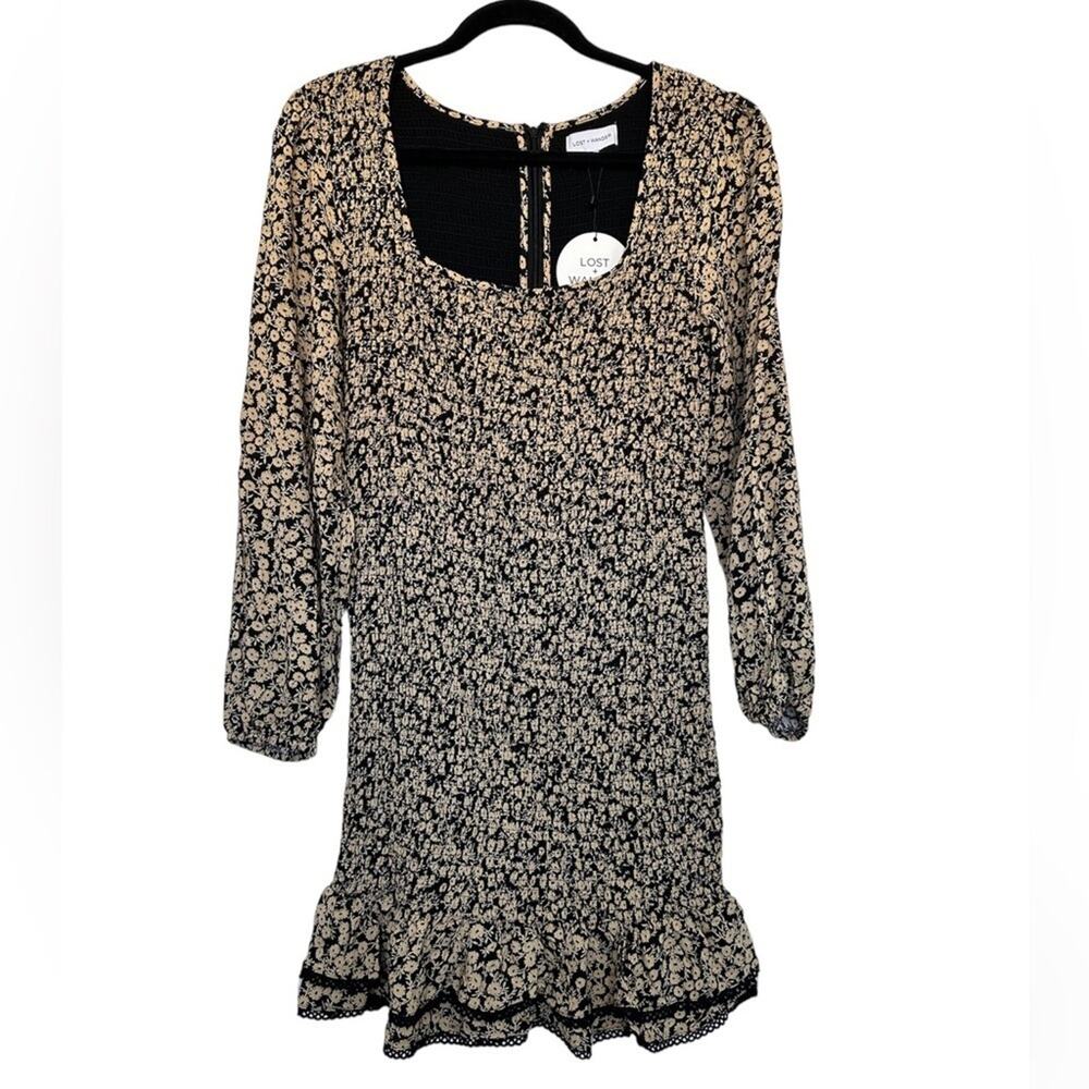 Lost + Wander Mini Dress Pick Me Golden Hour Long Sleeve Floral Smocked Size M - Picture 8 of 16